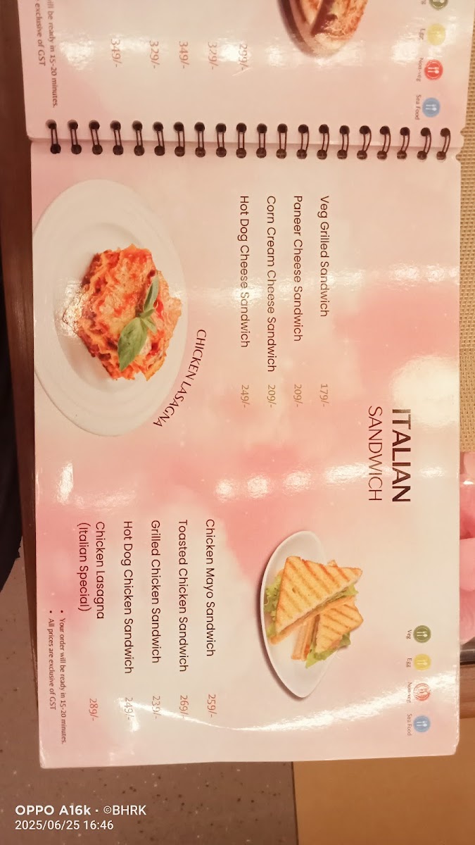Prime Rose Restaurant printed menu page with Italian sandwiches