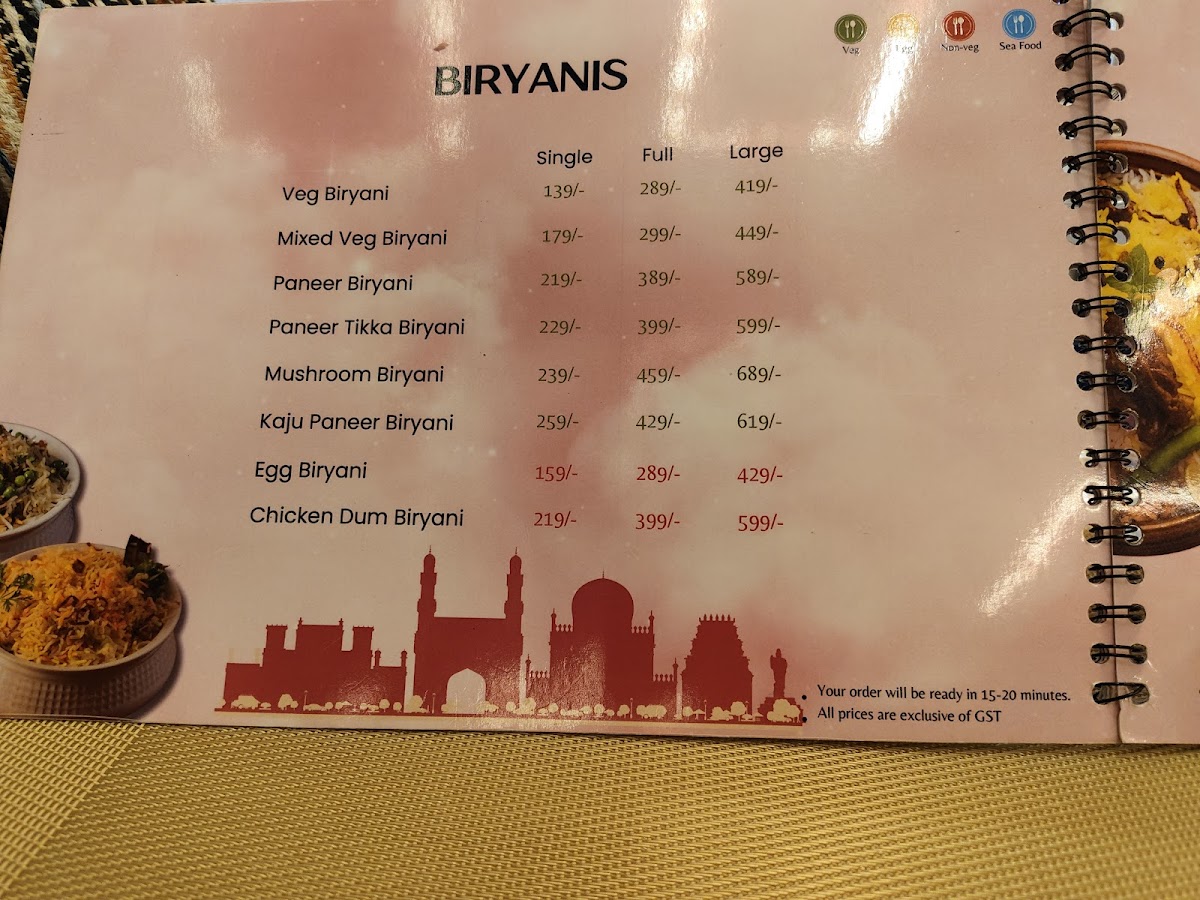 Prime Rose Restaurant photographed printed Biryani menu page