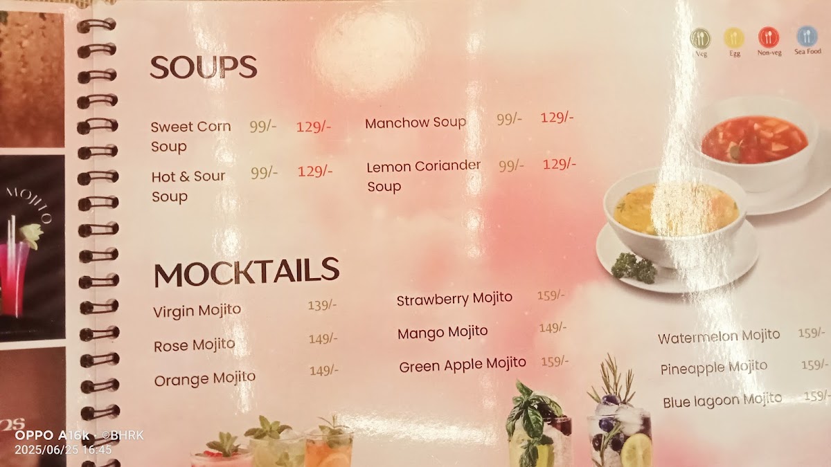 Prime Rose Restaurant printed menu page showing Soups and Mocktails