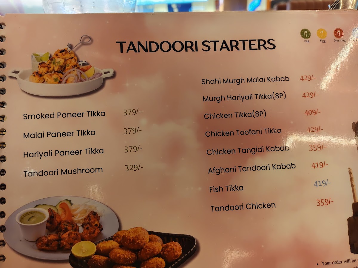 Prime Rose Restaurant photographed printed Tandoori Starters menu page