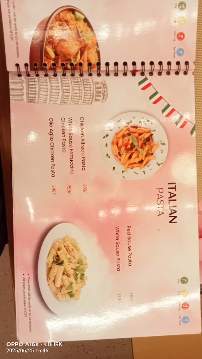 Prime Rose Restaurant printed menu page showing Italian Pasta