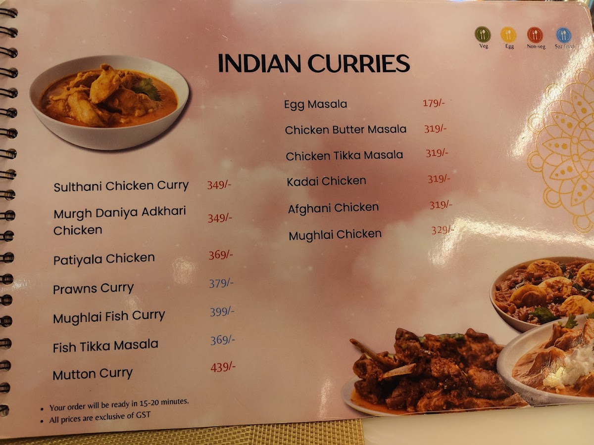Prime Rose Restaurant photographed printed Indian Curries menu page