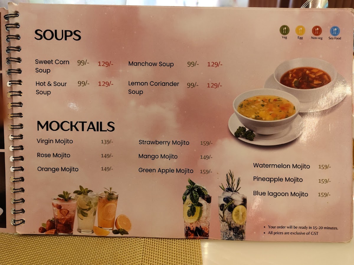 Prime Rose Restaurant photographed Soups & Mocktails menu page